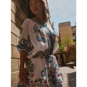 Juliet Dunn Dress Blouson Mini in Rose Border White Blue Green Floral